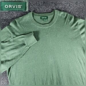 Orvis Sweater Men's XL Green Crewneck Cotton Silk Cashmere Knit Pullover Grandpa